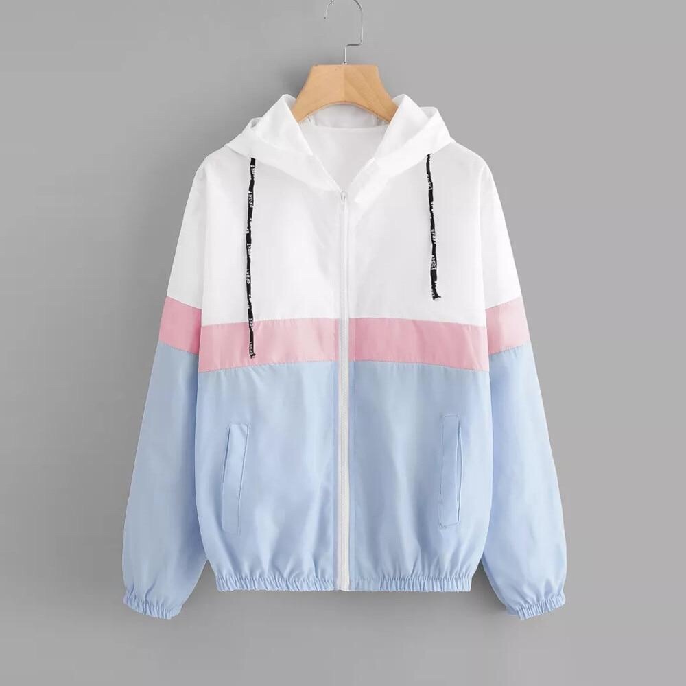 Women Windbreaker Jacket Zipper Pockets Hooded